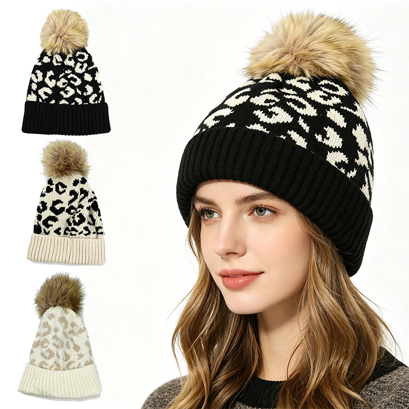 Beanie Cuffed Knit - Autumn and winter leopard print pom-pom