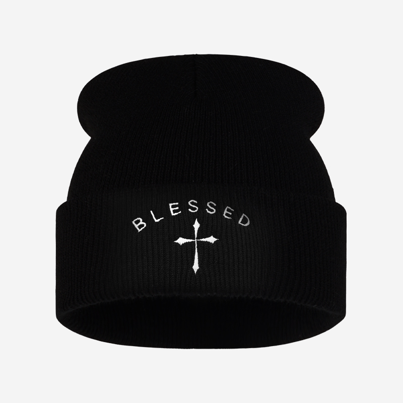 Blessed Cross Embroidered Bean - Beanie Cuffed Knit recension och pris